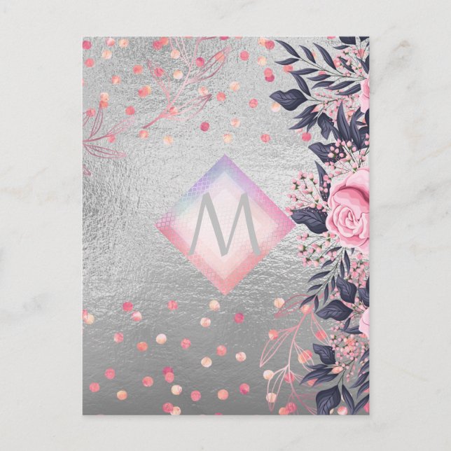 Monogram Silver Navy Rosegold Girly Newlyweds Gift Postcard (Front)