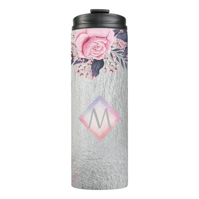 Monogram Silver Navy Rosegold Girly Newlyweds Gift Thermal Tumbler (Front)