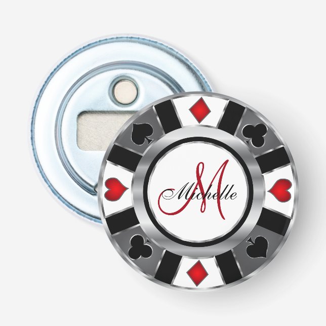 Monogram Silver Poker Chip Design Bottle Opener (Front)