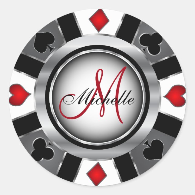 Monogram Silver Poker Chip Design Classic Round Sticker (Front)