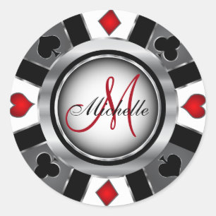 Monogram Silver Poker Chip Design Classic Round Sticker