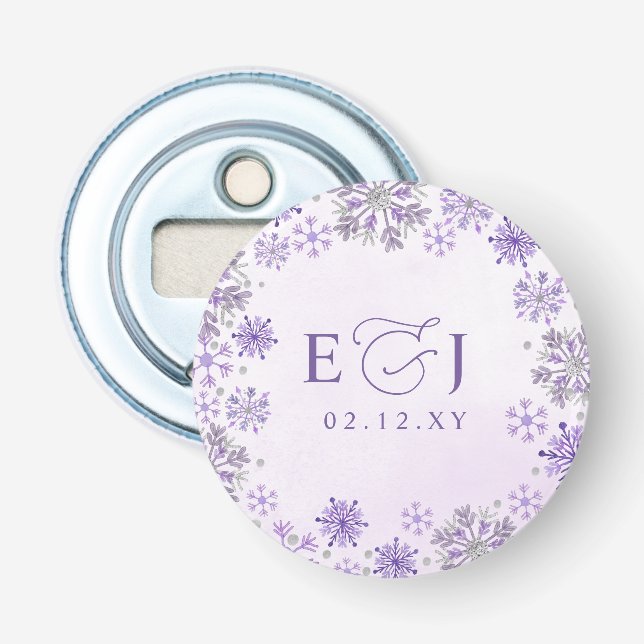 Monogram Silver Purple Snowflakes Winter Wedding Bottle Opener (Front)