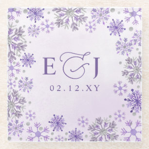 Monogram Silver Purple Snowflakes Winter Wedding Glass Coaster