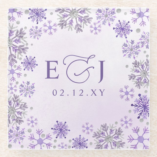 Monogram Silver Purple Snowflakes Winter Wedding Glass Coaster (Front)