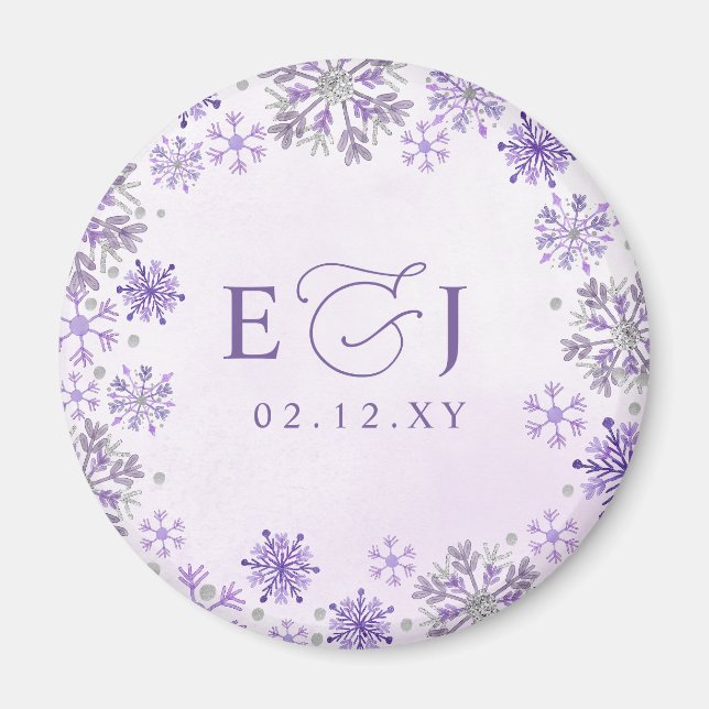 Monogram Silver Purple Snowflakes Winter Wedding Magnet (Front)