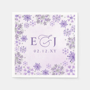 Monogram Silver Purple Snowflakes Winter Wedding Napkin