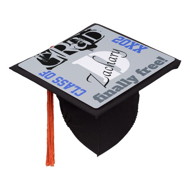 Monogram Silver Royal Blue Finally Free Graduation Cap Topper (Angled)