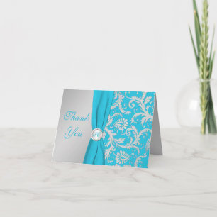 Monogram Silver, Turquoise Damask Thank You Card