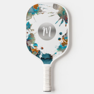 Monogram Silver Turquoise Orange Abstract Splatter Pickleball Paddle