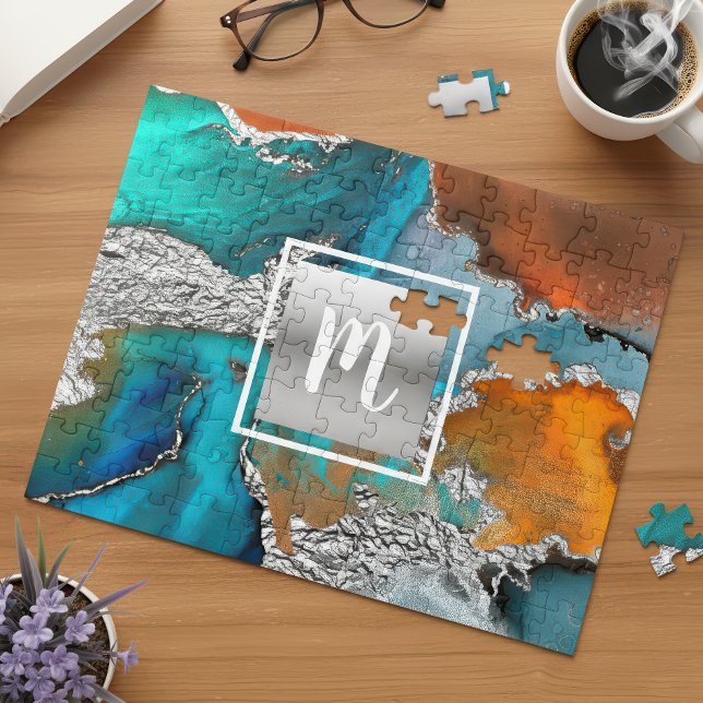 Monogram silver turquoise orange agate watercolor jigsaw puzzle (Creator Uploaded)