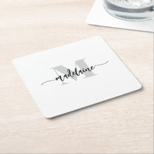 Monogram Silver White Black Personal Square Paper Coaster