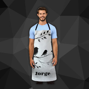 Monogram Simple Black and White Birds in Trees    Apron