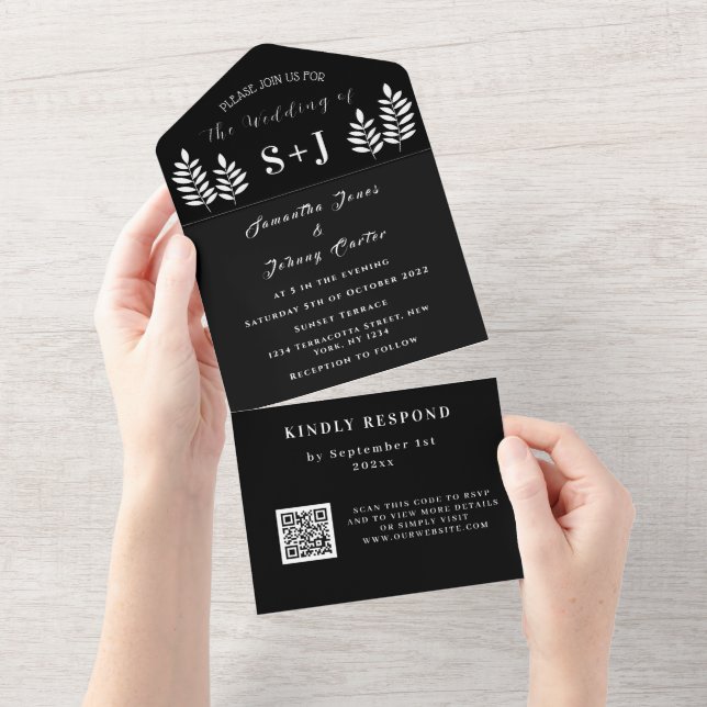 Monogram Simple Black White QR Code Wedding All In One Invitation (Tearaway)