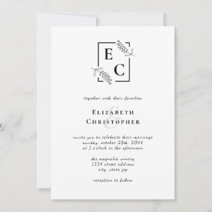 Monogram Simple Chic Black White Botanical Wedding Invitation