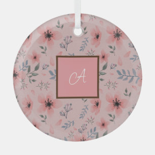 Monogram Simple Cute Pink Flower Bloom Boho  Glass Ornament