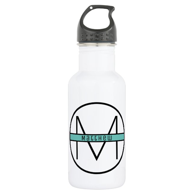 Monogram | Simple Elegant Black &amp; Blue Custom Name 532 Ml Water Bottle (Front)