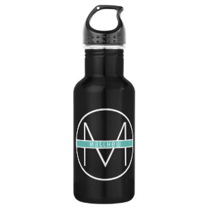Monogram Simple Elegant Black & Blue Custom Name 532 Ml Water Bottle