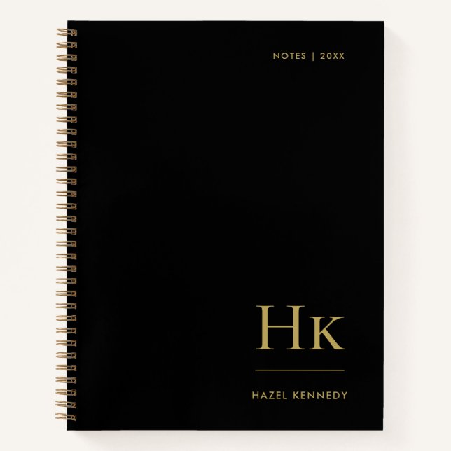 Monogram Simple Elegant Black Gold Personalized Notebook (Front)