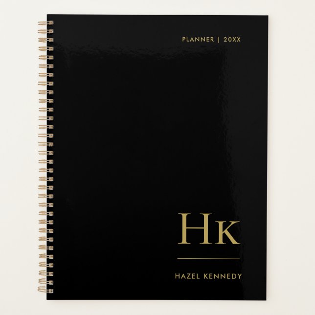 Monogram Simple Elegant Black Gold Personalized Planner (Front)