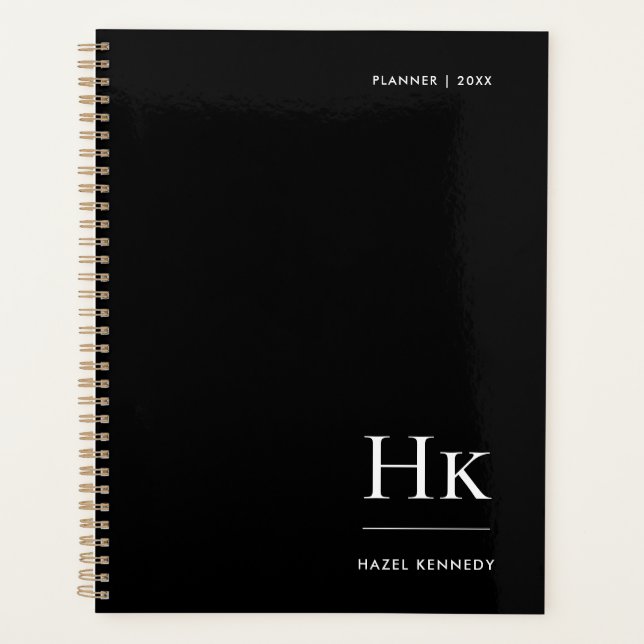 Monogram Simple Elegant Black Personalized Name Planner (Front)