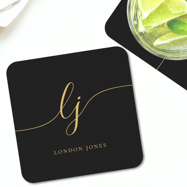 Monogram Simple Elegant Calligraphy Black Gold Coaster (Creator Uploaded)