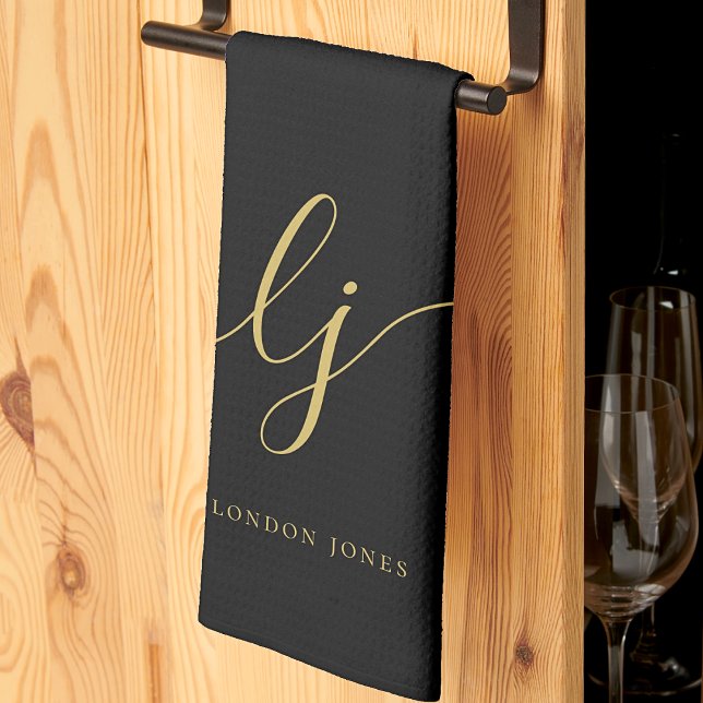 Monogram Simple Elegant Calligraphy Black Gold Kitchen Towel (Creator Uploaded)