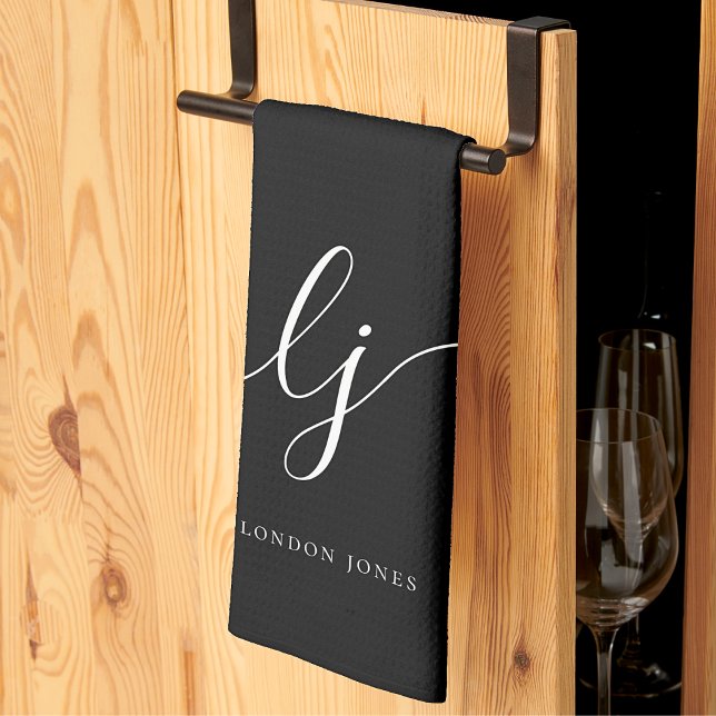 Monogram Simple Elegant Calligraphy Black Kitchen Towel (Creator Uploaded)