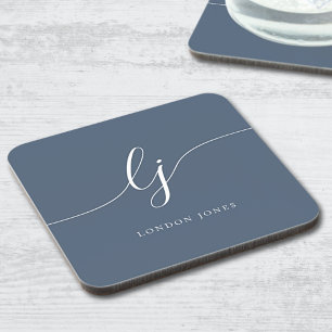 Monogram Simple Elegant Calligraphy Navy Blue Coaster