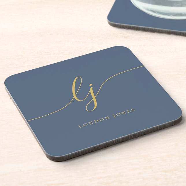 Monogram Simple Elegant Calligraphy Navy Blue Gold Coaster (Creator Uploaded)