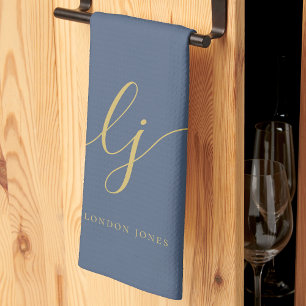 Monogram Simple Elegant Calligraphy Navy Blue Gold Kitchen Towel