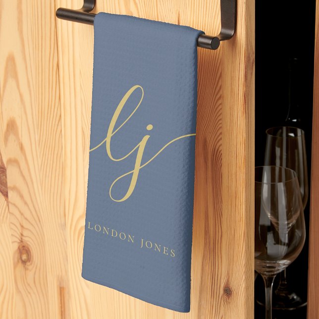 Monogram Simple Elegant Calligraphy Navy Blue Gold Kitchen Towel (Creator Uploaded)