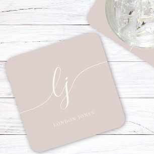 Monogram Simple Elegant Calligraphy Rose Pink Coaster