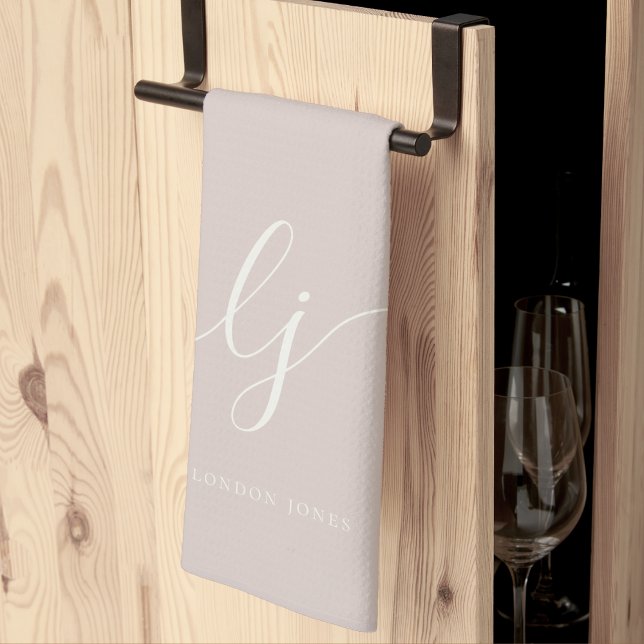 Monogram Simple Elegant Calligraphy Rose Pink Kitchen Towel (Creator Uploaded)