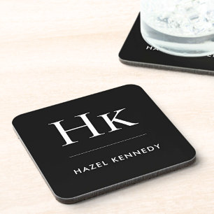 Monogram Simple Elegant Minimal Monogrammed Black  Coaster