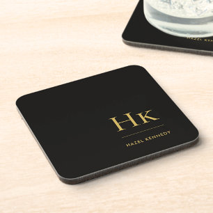 Monogram Simple Elegant Minimalist Black Gold Coaster