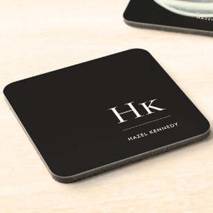 Monogram Simple Elegant Minimalist Chic Black Coaster