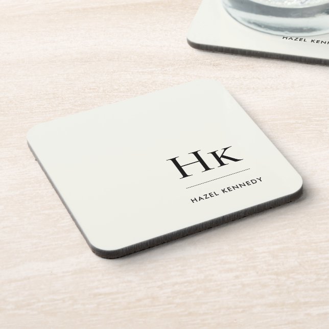 Monogram Simple Elegant Minimalist Ivory White Coaster (Left Side)