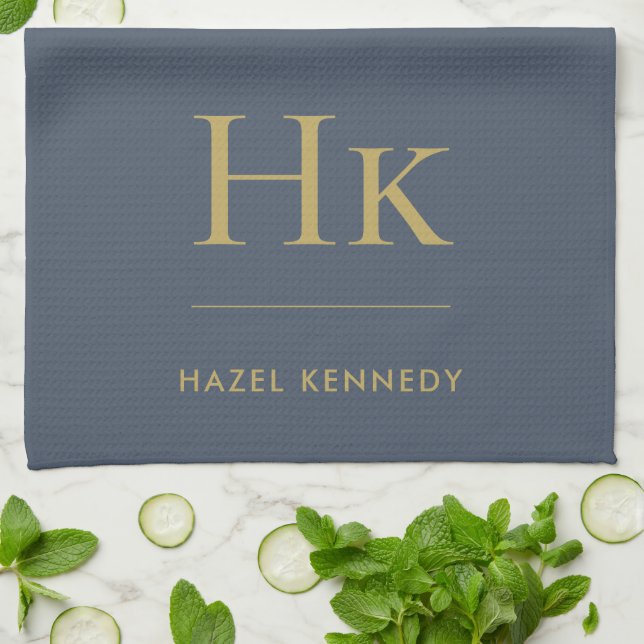Monogram Simple Elegant Navy Blue Gold Monogrammed Kitchen Towel (Folded)