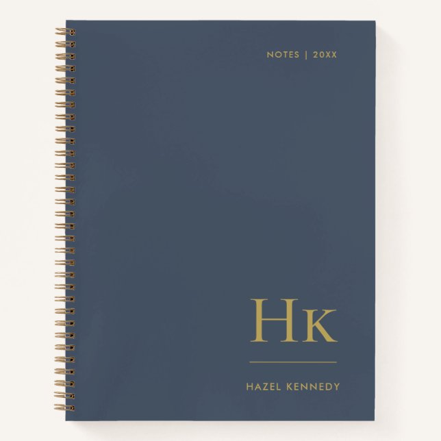 Monogram Simple Elegant Navy Gold Personalized Notebook (Front)