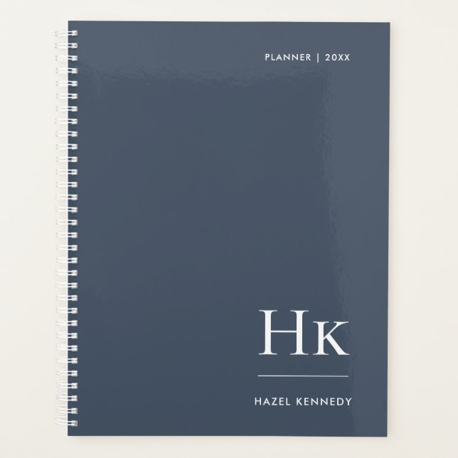 Monogram Simple Elegant Navy Personalized Name Planner (Front)