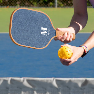 Monogram Simple Modern Blue Denim Print Pickleball Paddle