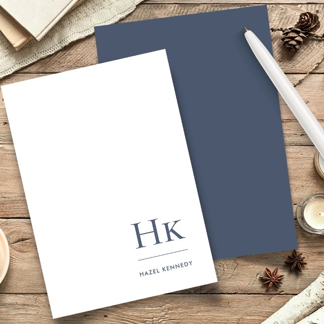 Monogram Simple Navy Blue White Personalized Stationery (Creator Uploaded)