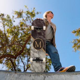 Monogram Skateboard - Black White Marble Stone