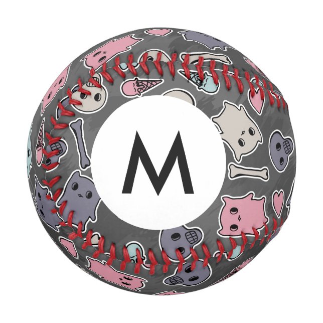 Monogram Skulls, and hearts on black background Baseball (Front Left)