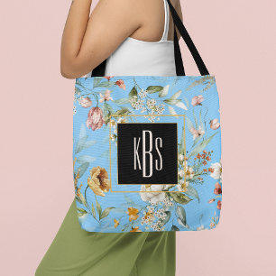 Monogram, Sky Blue 1600s Fine Art Florals Tote Bag