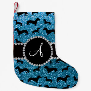 Monogram sky blue glitter dachshund small christmas stocking