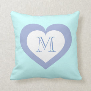 Monogram sky blue heart pattern throw pillow