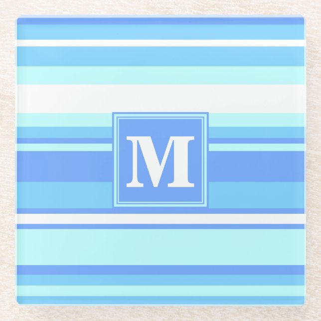 Monogram sky blue stripes glass coaster (Front)