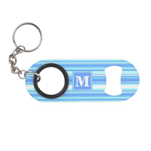 Monogram sky blue stripes keychain bottle opener (Front (Horizontal))