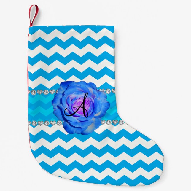 Monogram sky blue white chevrons blue rose small christmas stocking (Front)